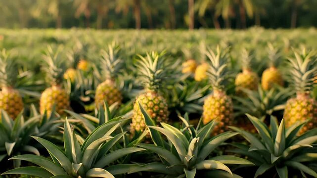 A closeup shot of a pineapple field during what appears to be the golden hour, with the sun casting a warm, golden hue over the scene. The pineapple is prominently displayed in the foreground.