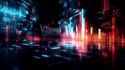 A digital artwork depicting a shopping cart against a digital backdrop. The cart is illuminated with a bright blue hue, contrasting with the surrounding darkness.