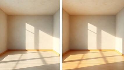 Obraz premium A side-by-side comparison of empty rooms showcasing different wall textures in ambient light.