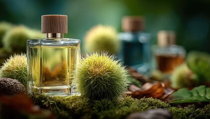 Amber perfume bottles on moss with foliage