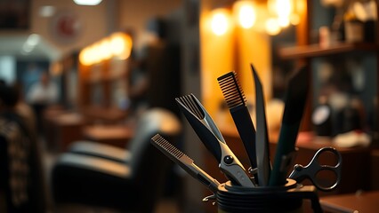 Barber shop scene highlighting hairstyling tools in warm ambient light.