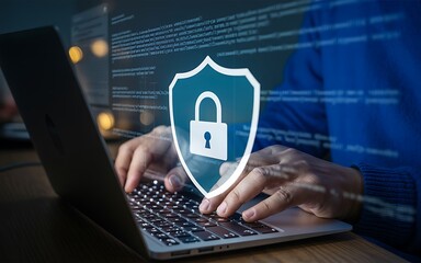 Cybersecurity concept with a programmer typing on a laptop. A glowing shield and padlock icon symbolizing secure data and internet privacy.