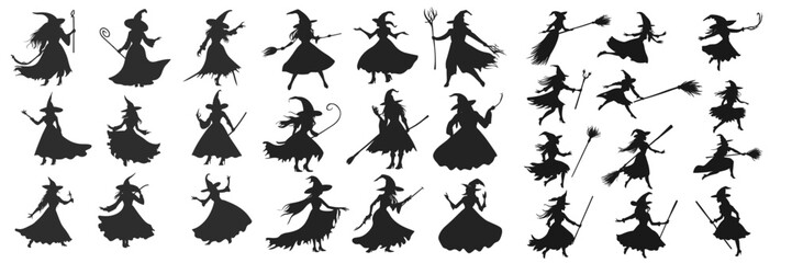 variety of flying witch silhouettes on broomstick for halloween design