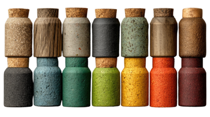 A Spectrum of Vessels: A symmetrical arrangement of unique small bottles, each with its own cork stopper and diverse texture.