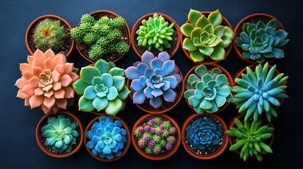Fifteen colorful succulent plants in small pots arranged on a dark background.