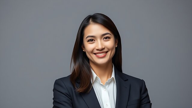 Confident business professional in formal attire, exuding professionalism and approachability in a neutral setting.