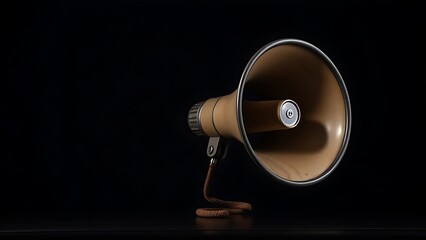 Vintage megaphone on wooden table with dramatic lighting, highlighting nostalgic and bold aesthetics.