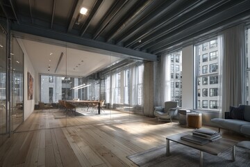 Open-plan office with large windows, exposed beams, and meeting space