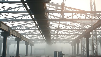 Steel beams rise through morning fog at a construction site, creating a striking diagonal composition.