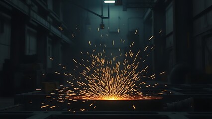 An industrial workshop with glowing sparks, showcasing dynamic energy in a dark environment.