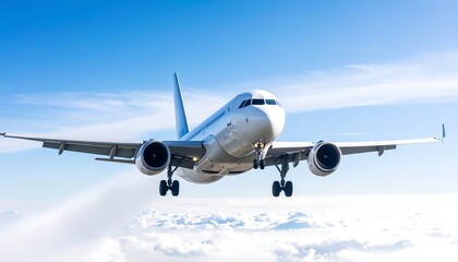 Fototapeta premium Airplane in flight above a fluffy cloud layer, against a clear blue sky