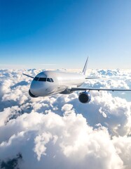 Obraz premium Airplane in flight above a fluffy cloud layer, bathed in sunlight