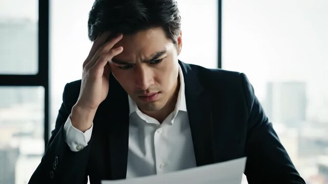 Focused business man reading documents. Serious guy checking data in papers
