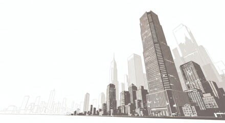 Fototapeta premium Low angle view of a stylized cityscape featuring skyscrapers and buildings in a muted color palette, suggesting a modern urban environment.