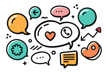 Vibrant collection of hand-drawn icons representing communication, ideas, and positive emotions, perfect for digital content and branding.