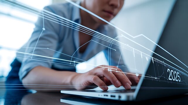 A professional businessman analyzes financial data and future business trends for 2025 on a laptop with a futuristic holographic digital chart.