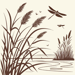 Brown Silhouette of Dragonflies and Reeds by a Calm Body of Water