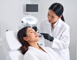 Asian woman receives facial treatment in spa aesthetic clinic setting