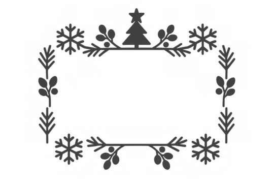 Festive rectangular frame featuring snowy pine branches, red berries, winter snowflakes on clean transparent backdrop