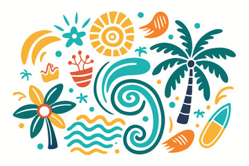 Obraz premium Vibrant beach scene bursting with sunny skies, playful waves, swaying palm trees, and surfboards evoking summer vacation bliss and coastal adventures.