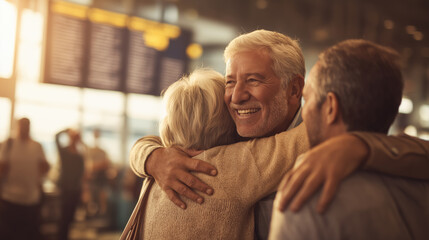 Elderly Man Reuniting with Family at Airport Arrivals Gate