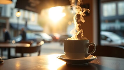 A steaming cup of coffee on a cafe table, warmed by morning sunlight.