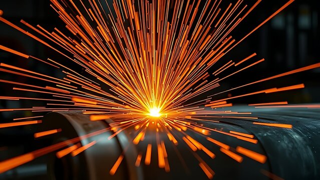 Abstract close-up of orange sparks radiating from an industrial metal surface.