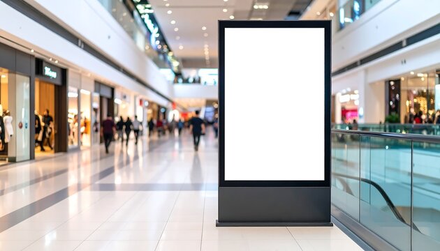Blank vertical advertising billboard mockup in a modern shopping mall