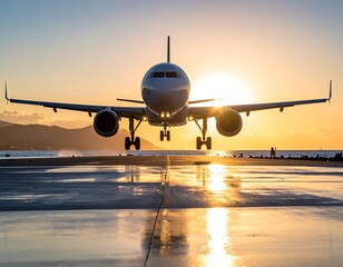 Airplane landing at sunset, reflected on wet runway