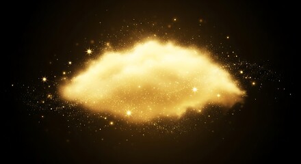 Golden cloud-like shape with sparkling particles against a dark backdrop.