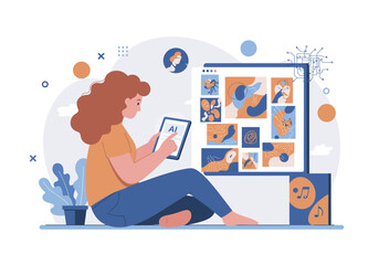 Young Woman Using AI-Powered Tablet to Browse Abstract Art Gallery.