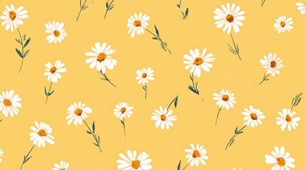 Seamless pattern of delicate white daisies on a warm yellow background