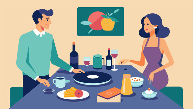 A couple hosts an intimate dinner party serving wine and appetizers while playing a carefully curated playlist of vinyl records in the background. Vector illustration