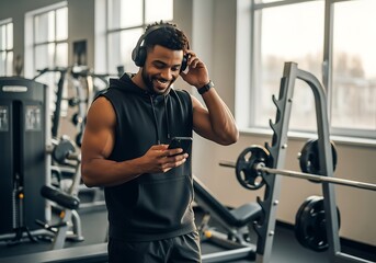 Fit African American Man Relaxing at Gym with Phone and Headphones Checking Social Media or Listening to Music