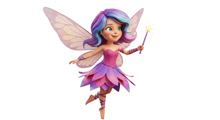 Flying cartoon fairy with pink and purple dress