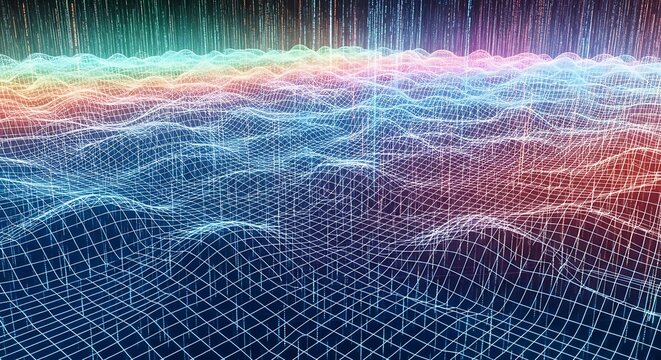 Abstract digital landscape with a grid overlay and vibrant color gradients.