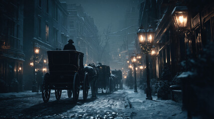 Old London Street with Carriages on a Snowy Night with Gaslight and Carriage Lamps