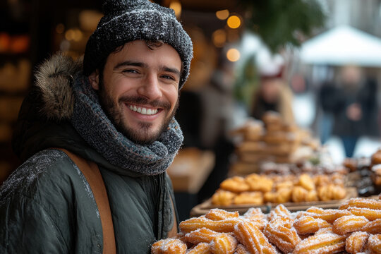 Man smiling in front of donuts table. - Powered by Adobe