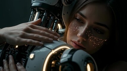 Young woman embracing robot, futuristic concept showing human connection with artificial intelligence, digital human machine symbiosis footage.