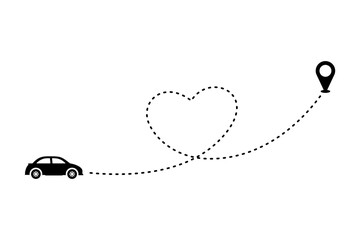 Love-shaped driveway. Car road with heart shaped trail. Car symbol with dotted line route. design for travel, honeymoon, holiday. 