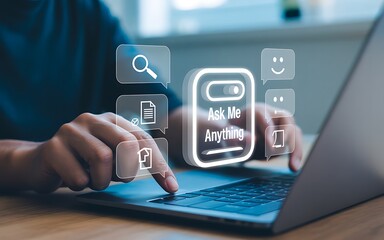A person interacts with an advanced conversational AI chatbot on a laptop, using an 'Ask Me Anything' feature for search and information.