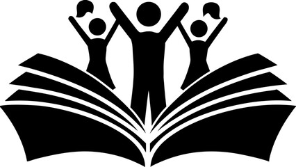 Illustration of an open book with stylized figures raising arms in celebration on top of the book pages silhouette