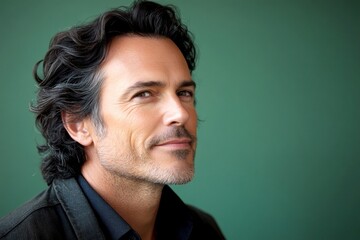 Obraz premium A man with timeless elegance and a natural smile. Idea of style for aging men. Green solid background. Elegant men's textured crop haircut - midlife white man with black hair.