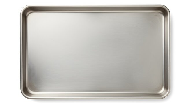 High-angle, close-up view of a clean, empty stainless steel baking sheet against a white background, showing a reflective metallic surface with neutral tones.