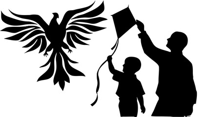 Silhouette of a soaring eagle with a father and child flying a kite on a white background vector art