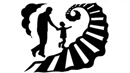 Silhouette of father and child walking on a spiral staircase with cloud like shapes in the background
