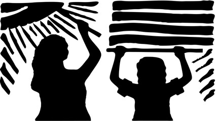 Silhouetted figures pulling down sun rays and horizontal bars in a black and white illustration art