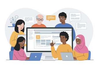 Diverse Team Collaborating on a Website Design Project with Laptops and a Large Monitor.