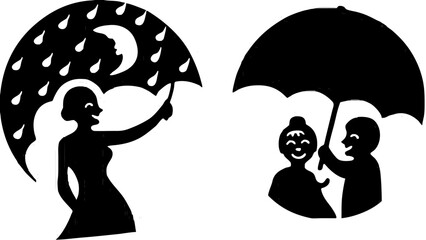 Silhouettes of a woman under a rain umbrella and a couple under a plain umbrella in black and white