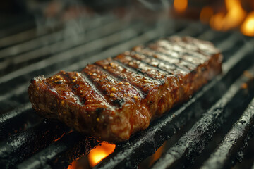 Grilling steak with flames.